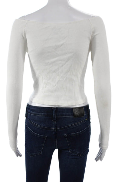 John Galt Women Off Shoulder Long Sleeve Cotton Basic T-Shirt White Size XS