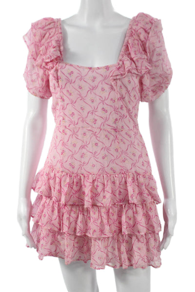 Love Shack Fancy Womens Pink Fit & Flare Silk Dress Square Neck Size 00
