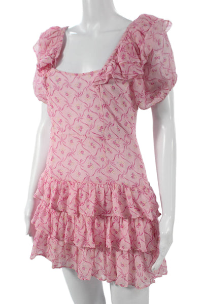 Love Shack Fancy Womens Pink Fit & Flare Silk Dress Square Neck Size 00
