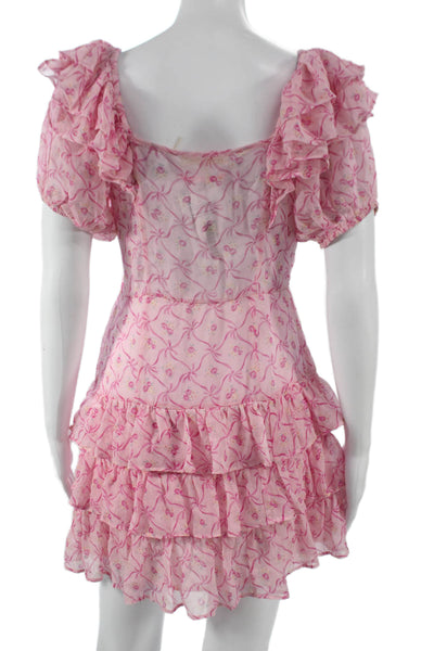 Love Shack Fancy Womens Pink Fit & Flare Silk Dress Square Neck Size 00