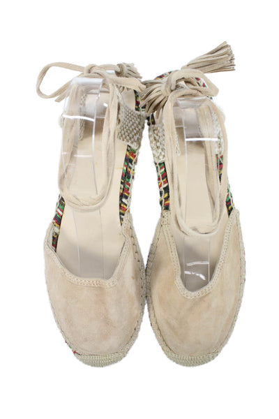 J Crew Womens Suede Rainbow Espadrille Calf Tie Flats Beige Size 9