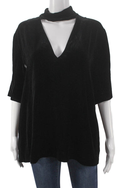 Theory Women Black Rayon V-Neck Basic Blouse 3/4 Sleeve Zip Size L