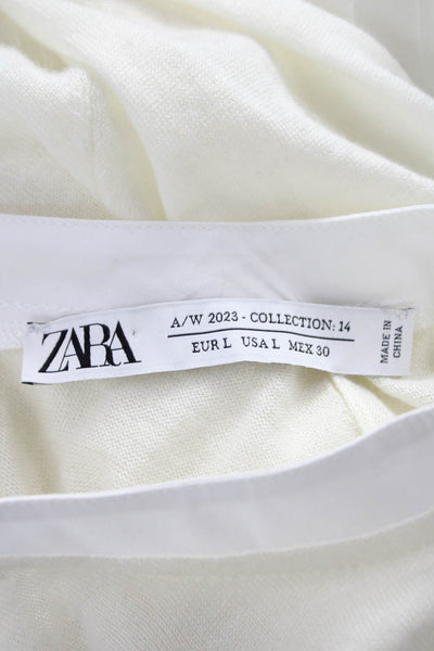 Zara Women Basic Mock Neck Long Sleeve Blouse White Acrylic Button Size L