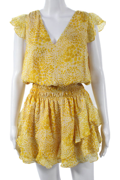 Ramy Brook Womens Petite Yellow Animal Print Blouson V-Neck Dress Silk Size S
