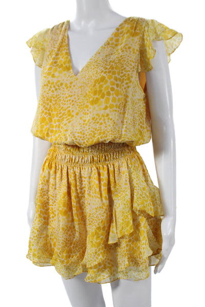 Ramy Brook Womens Petite Yellow Animal Print Blouson V-Neck Dress Silk Size S