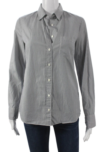 J Crew Women Striped Collared Cotton Button-Up Top Blue Long Sleeve Size 2