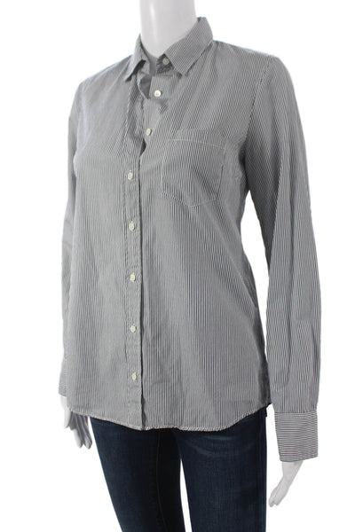 J Crew Women Striped Collared Cotton Button-Up Top Blue Long Sleeve Size 2