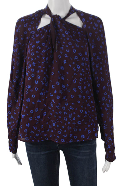 Parker Womens Silk Halter Blouse Long Sleeve Animal Print Button Size S