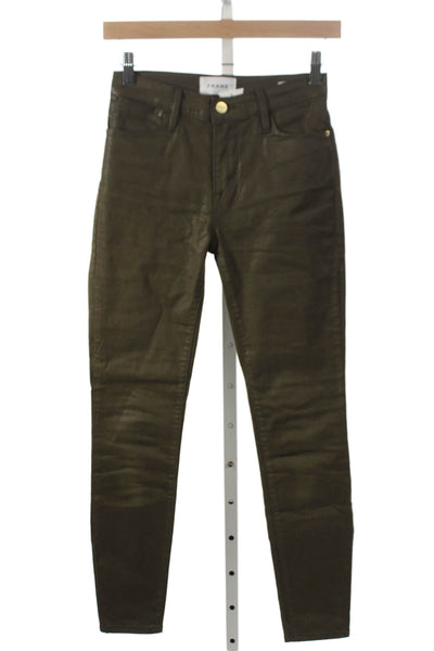 Frame Women Skinny Jeans Green Mid Rise Button Fly Cotton Blend Size 24