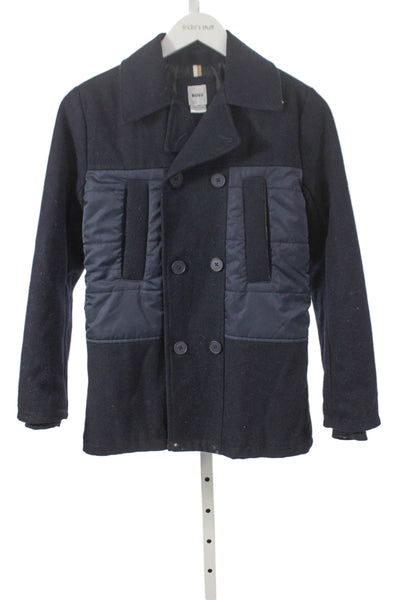 BOSS Childrens Boys Double Breasted Pea Coat Navy Blue Wool Size 12