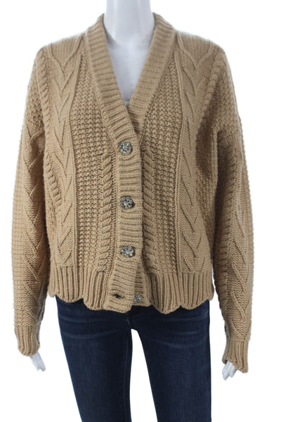 Manoush Women Cardigan V-Neck Cable Beige Wool Size XS