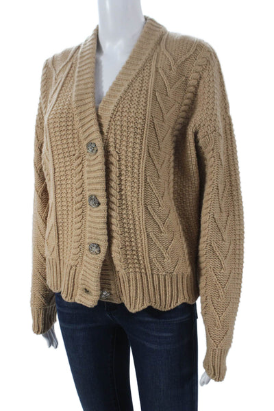 Manoush Women Cardigan V-Neck Cable Beige Wool Size XS