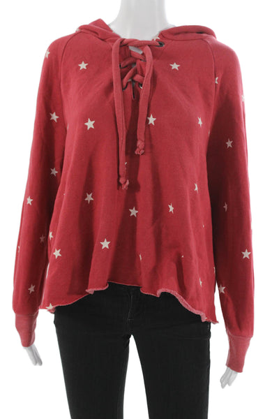Wildfox Womens V-Neck Pullover Hoodie Red Star Print Cotton Size S