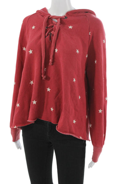 Wildfox Womens V-Neck Pullover Hoodie Red Star Print Cotton Size S