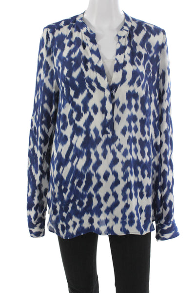 Vince Womens Silk Abstract Ikat Tunic Blouse Collared Long Sleeve Blue Size 12