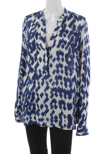 Vince Womens Silk Abstract Ikat Tunic Blouse Collared Long Sleeve Blue Size 12