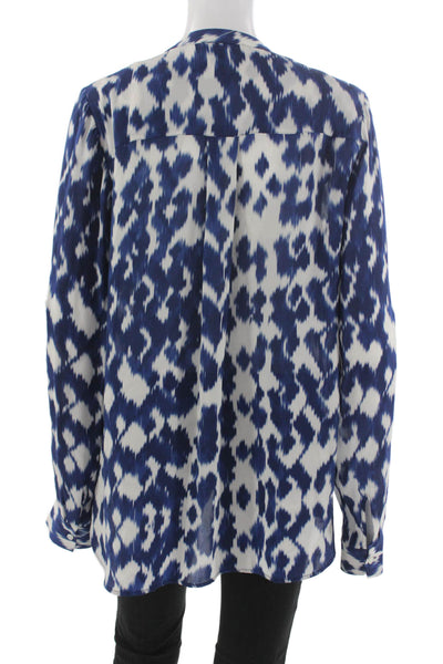 Vince Womens Silk Abstract Ikat Tunic Blouse Collared Long Sleeve Blue Size 12