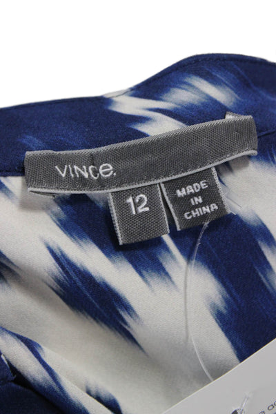 Vince Womens Silk Abstract Ikat Tunic Blouse Collared Long Sleeve Blue Size 12