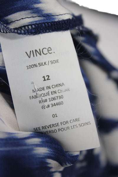 Vince Womens Silk Abstract Ikat Tunic Blouse Collared Long Sleeve Blue Size 12