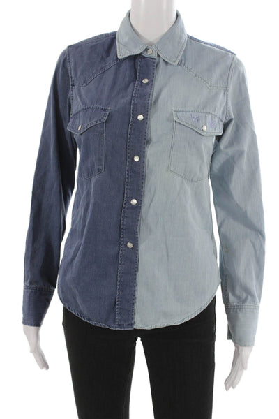 Lucien Pellat-Finet Women Blue Cotton Button Up Collared Long Sleeve Top Size S