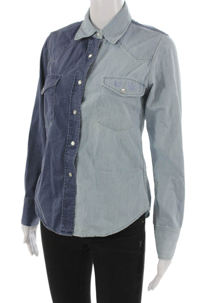 Lucien Pellat-Finet Women Blue Cotton Button Up Collared Long Sleeve Top Size S