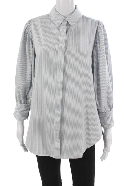 Something Navy Women Gray Striped Collared Cotton Blouse Long Sleeve Size 2