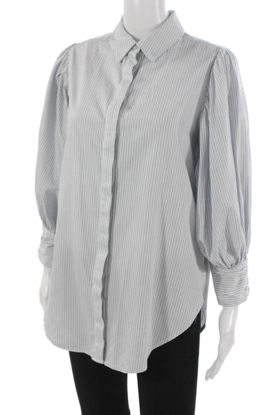 Something Navy Women Gray Striped Collared Cotton Blouse Long Sleeve Size 2