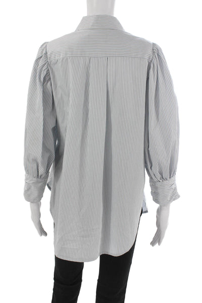 Something Navy Women Gray Striped Collared Cotton Blouse Long Sleeve Size 2