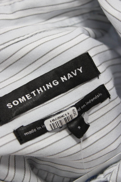 Something Navy Women Gray Striped Collared Cotton Blouse Long Sleeve Size 2