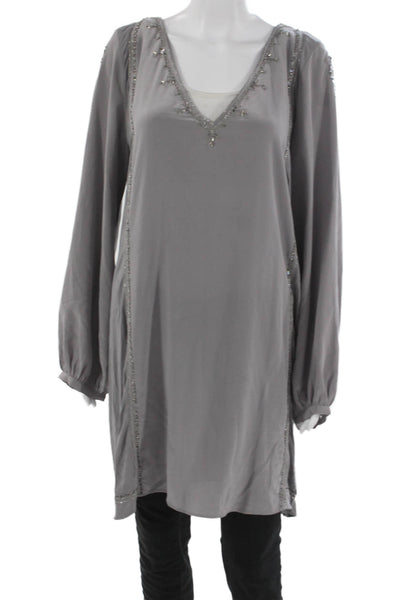 Calypso Saint Barth Women Gray Silk V-Neck Long Sleeve Shift Blouse Size L