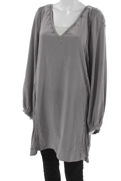 Calypso Saint Barth Women Gray Silk V-Neck Long Sleeve Shift Blouse Size L