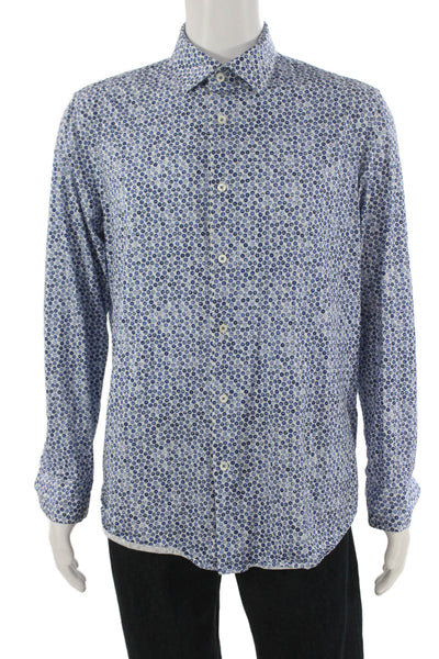 Bugatchi Mens Cotton Blend Floral Button Up Shirt Blue Size L