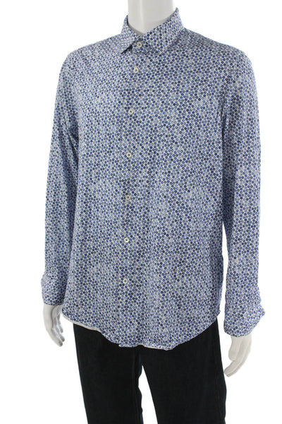 Bugatchi Mens Cotton Blend Floral Button Up Shirt Blue Size L