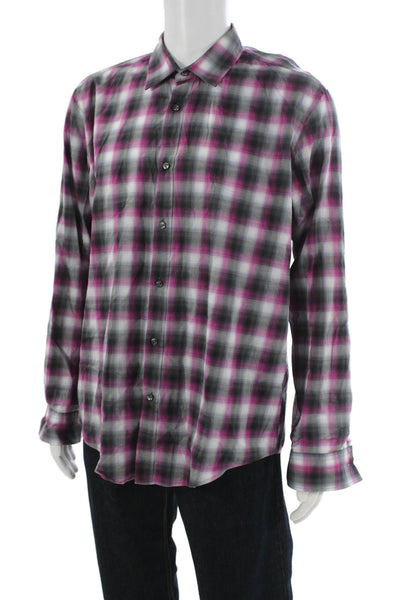 Boss Hugo Boss Mens Cotton Plaid Button Up Shirt Pink Size XL