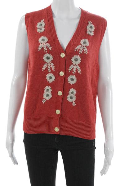 Alex Mill Women Red Floral V-Neck Sleeveless Cardigan Size M