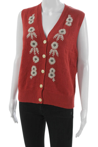 Alex Mill Women Red Floral V-Neck Sleeveless Cardigan Size M