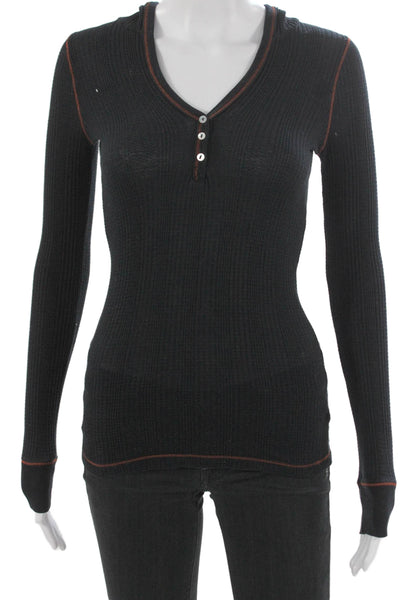 Splendid Womens Basic V-Neck Long Sleeve T-Shirt Black Supima Modal Size XS