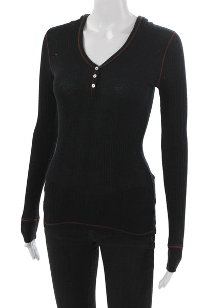 Splendid Womens Basic V-Neck Long Sleeve T-Shirt Black Supima Modal Size XS