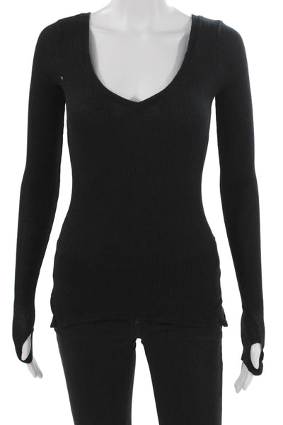 Feel The Piece Womens Basic Black V-Neck Long Sleeve T-Shirt Modal Size XS