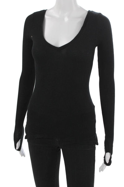 Feel The Piece Womens Basic Black V-Neck Long Sleeve T-Shirt Modal Size XS