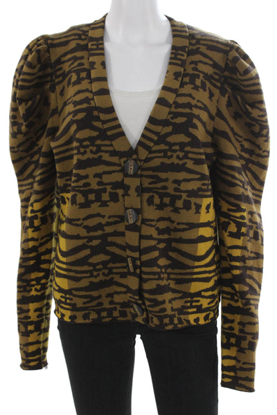 Ulla Johnson Womens Cardigan Brown Animal Print V-Neck 100% Wool Size XL