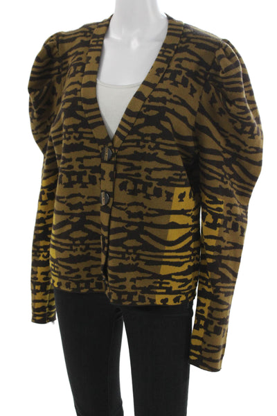 Ulla Johnson Womens Cardigan Brown Animal Print V-Neck 100% Wool Size XL