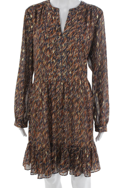 Vince Camuto Womens Fit & Flare Brown V-Neck Long Sleeve Dress Size L