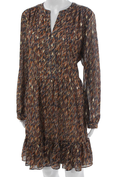 Vince Camuto Womens Fit & Flare Brown V-Neck Long Sleeve Dress Size L