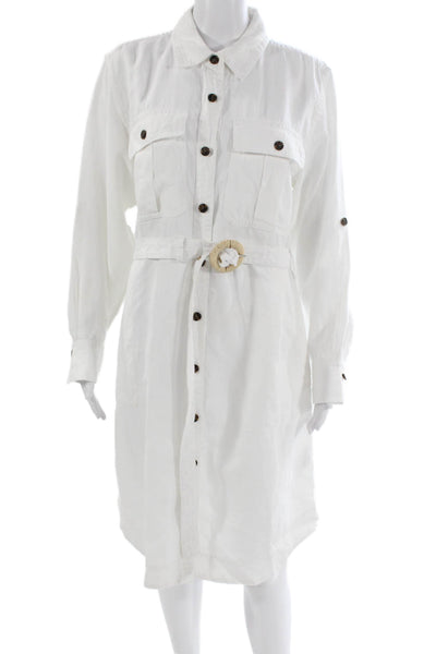 Banana Republic Women Shirt Dress White Linen Collared Button Longsleeve Size L