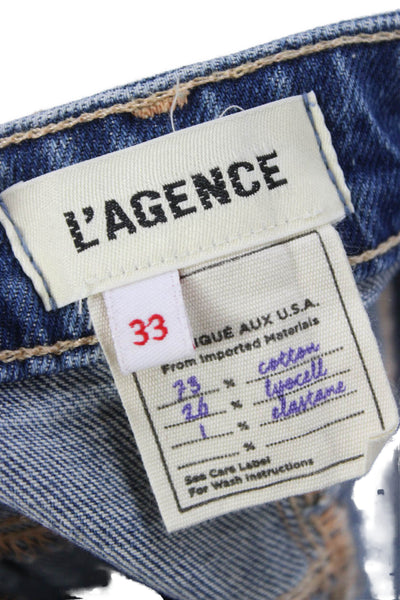 L Agence Women Blue Straight High Rise Cotton Blend Jeans Button Size 33