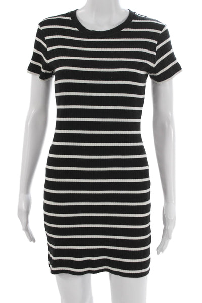 French Connection Women Bodycon Striped Black Cotton Dress Short Sleeve Size S