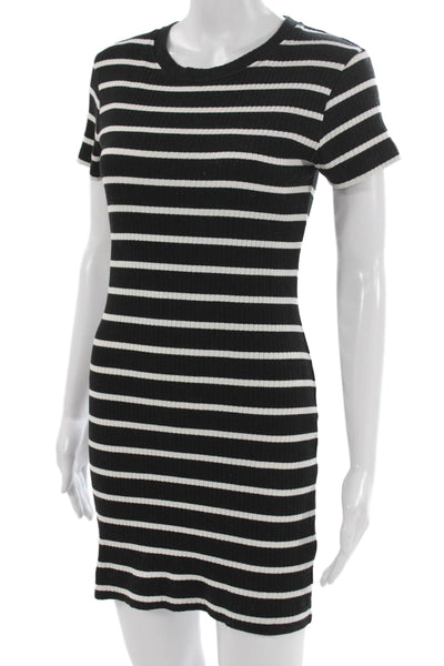 French Connection Women Bodycon Striped Black Cotton Dress Short Sleeve Size S