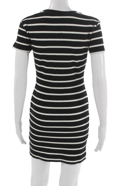 French Connection Women Bodycon Striped Black Cotton Dress Short Sleeve Size S