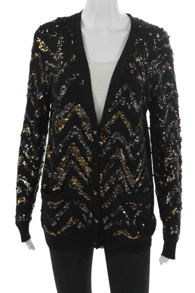 Marc By Marc Jacobs Women Black Geometric V-Neck Cardigan Long Sleeve Size M